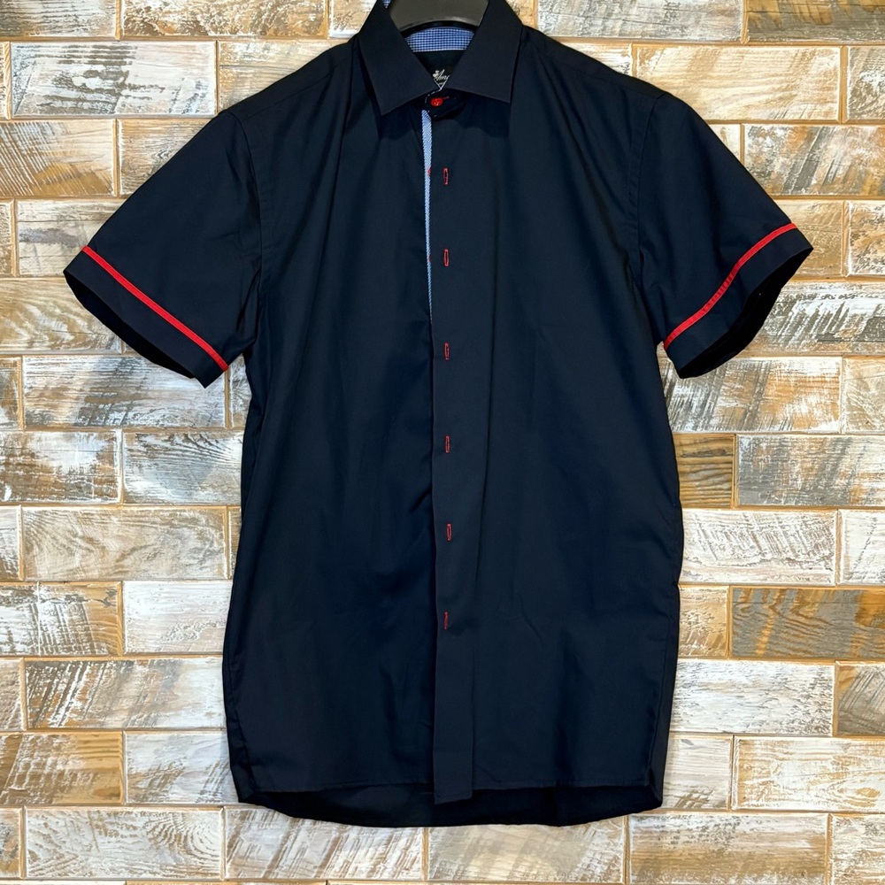 Amedeo Elegant Black Short Shirt with Red Details.  Size M. Great condition.